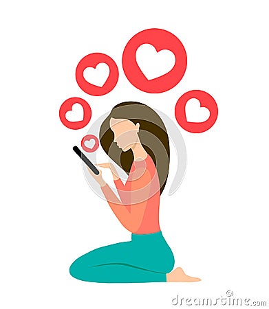 Girl using smartphone. Social media like. Young woman holding smartphone in hands. Like button icons flying out of mobile phone. G Vector Illustration